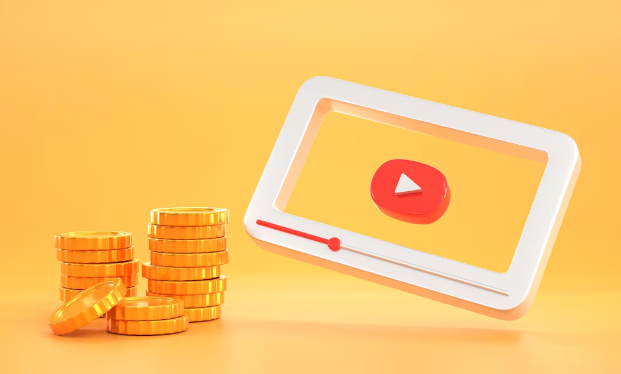 Digital Youtube player next to stacked golden coins on a yellow background